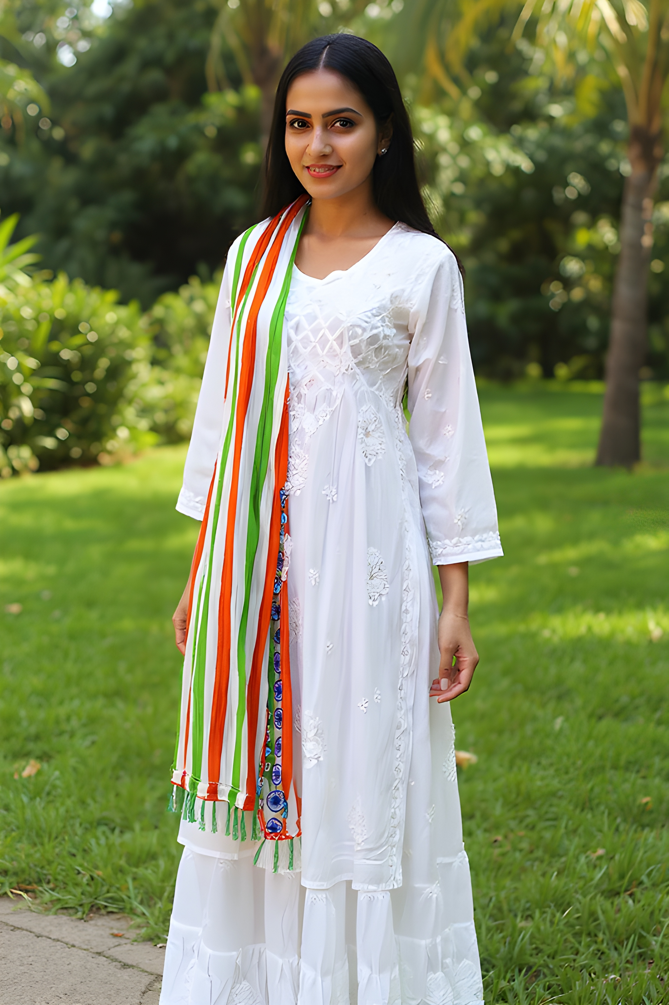 Embroidered White Kurti with Tricolor Dupatta & Skirt view 4