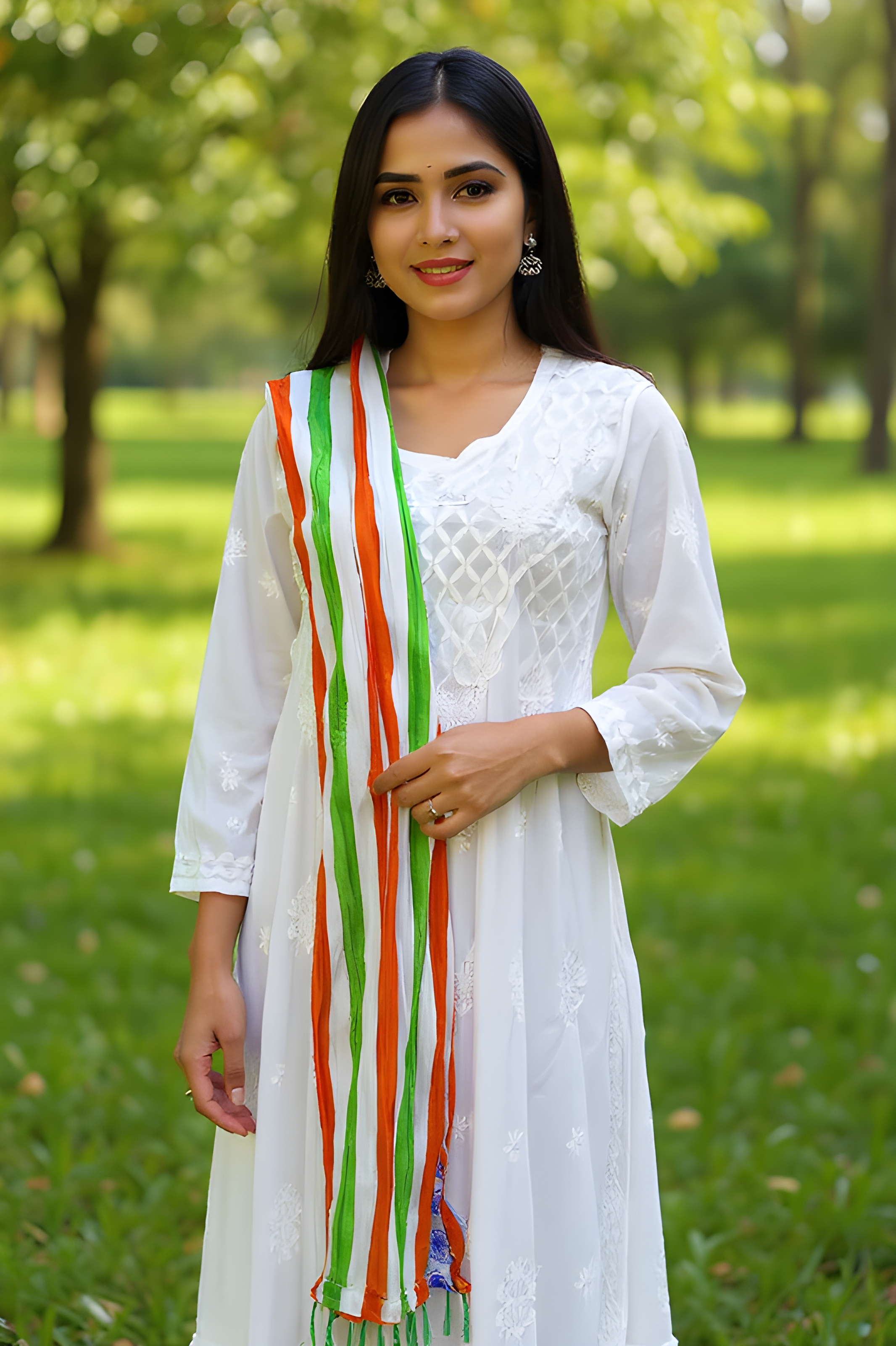 Embroidered White Kurti with Tricolor Dupatta & Skirt view 2