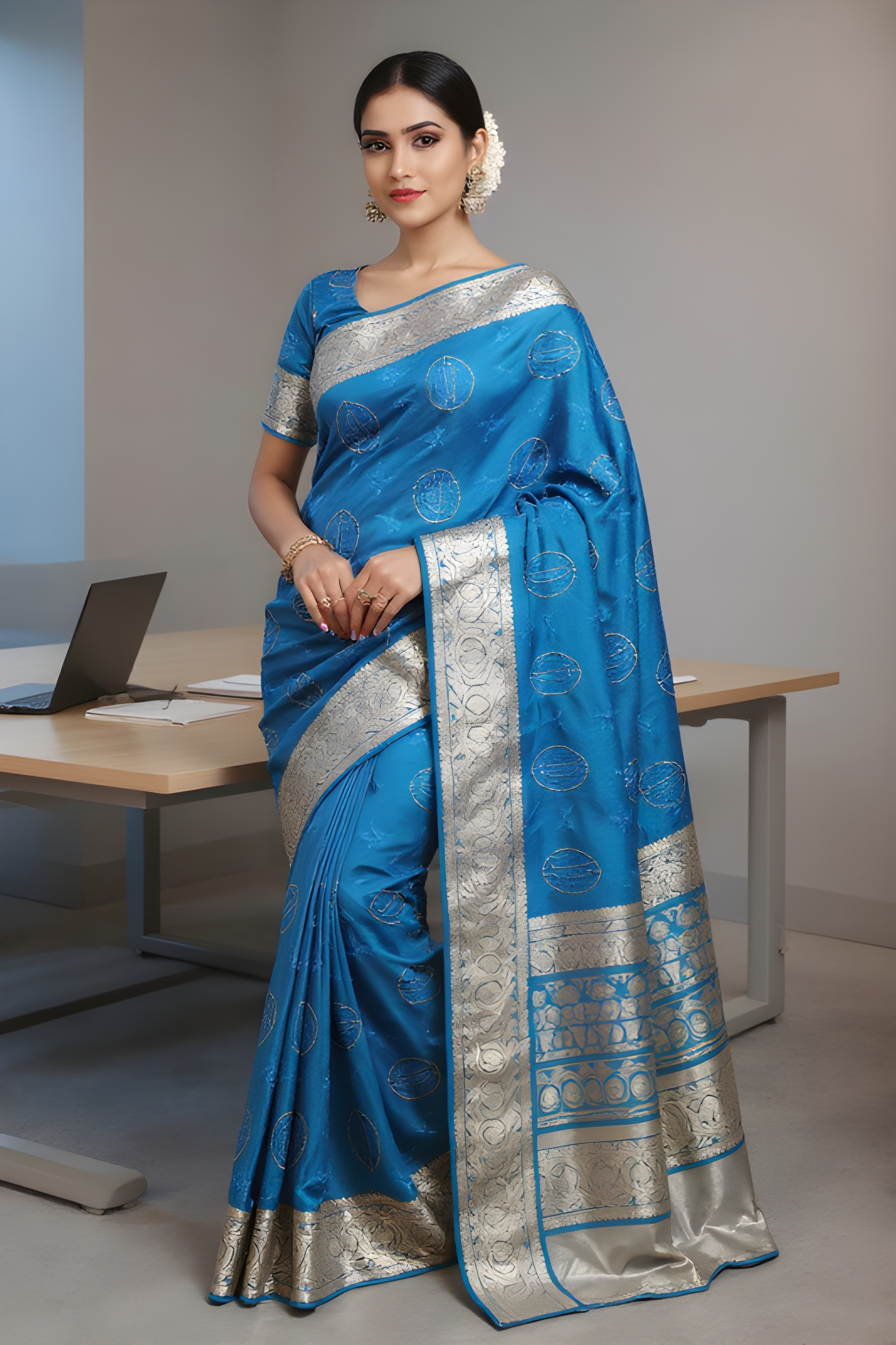 Embroidered Blue Saree view 3
