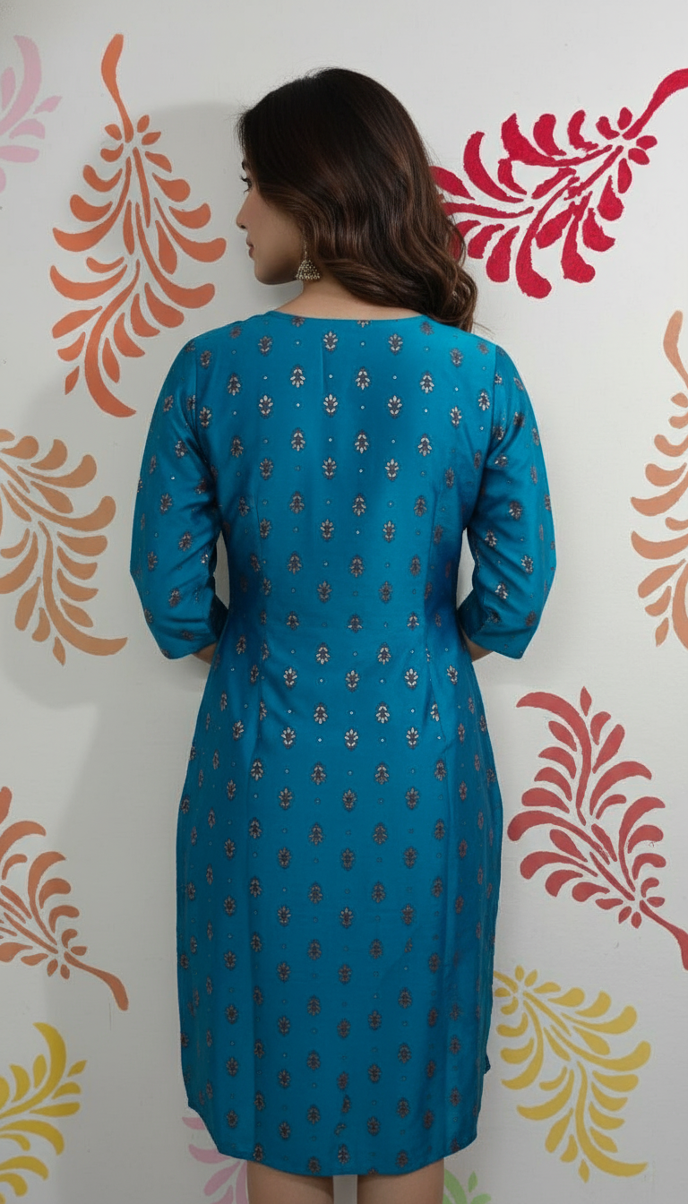 Blue Printed Kurthi Top view 2