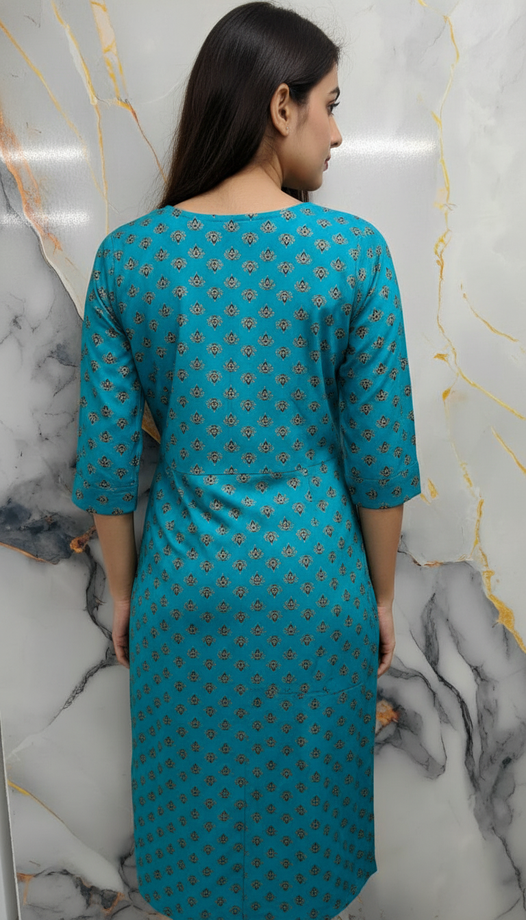 Teal Printed Kurthi Top view 2