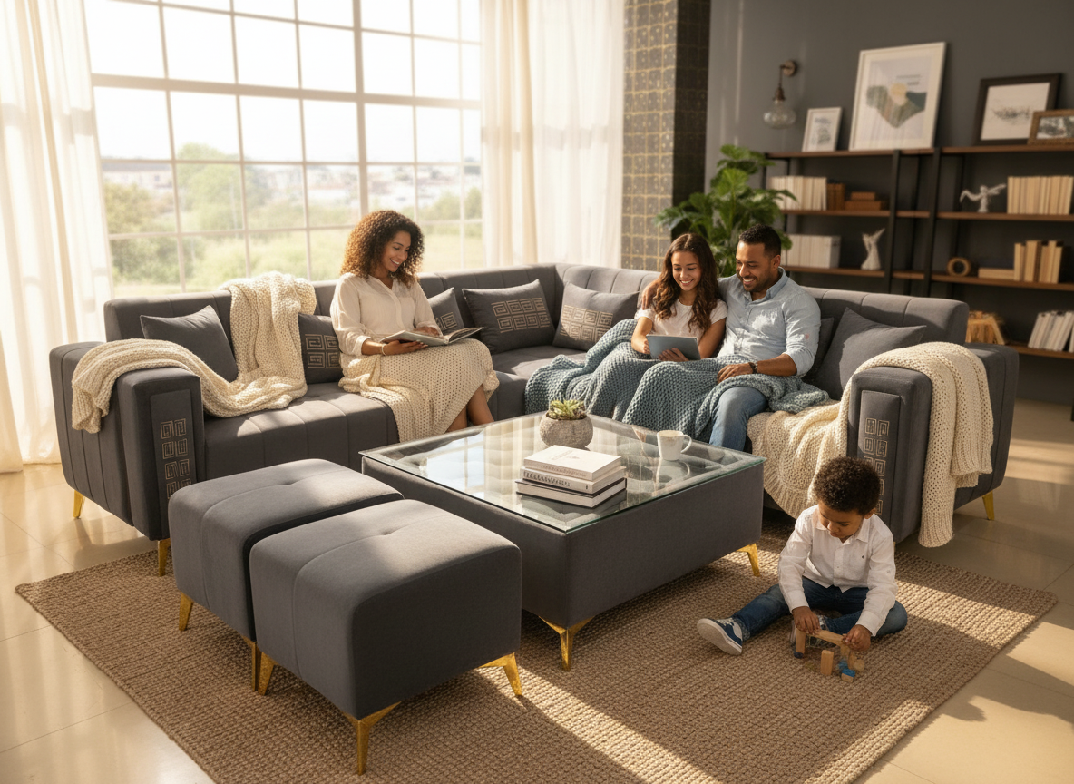 Modern L-Shape Corner Sofa Set with Ottoman & Glass Table