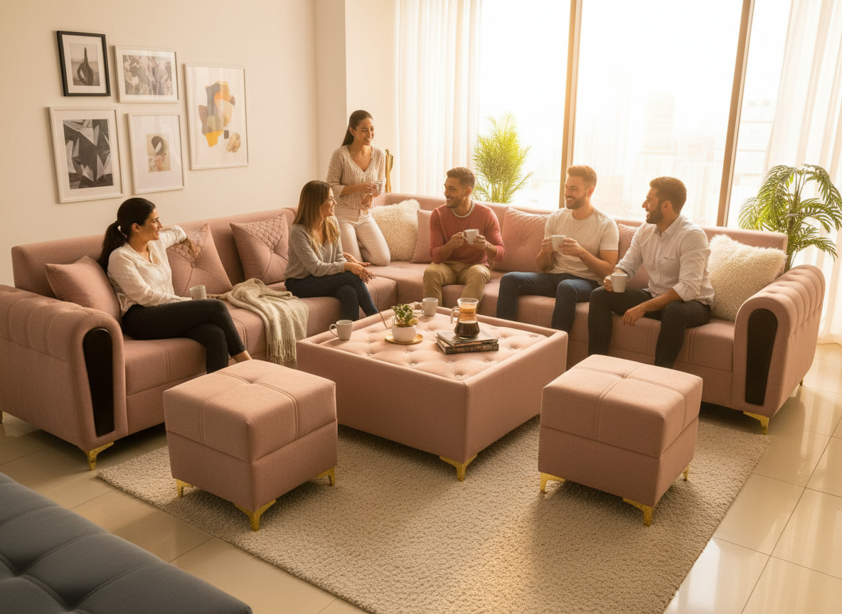 Blush Beige L-Shape Sofa Set with Ottoman & Stools