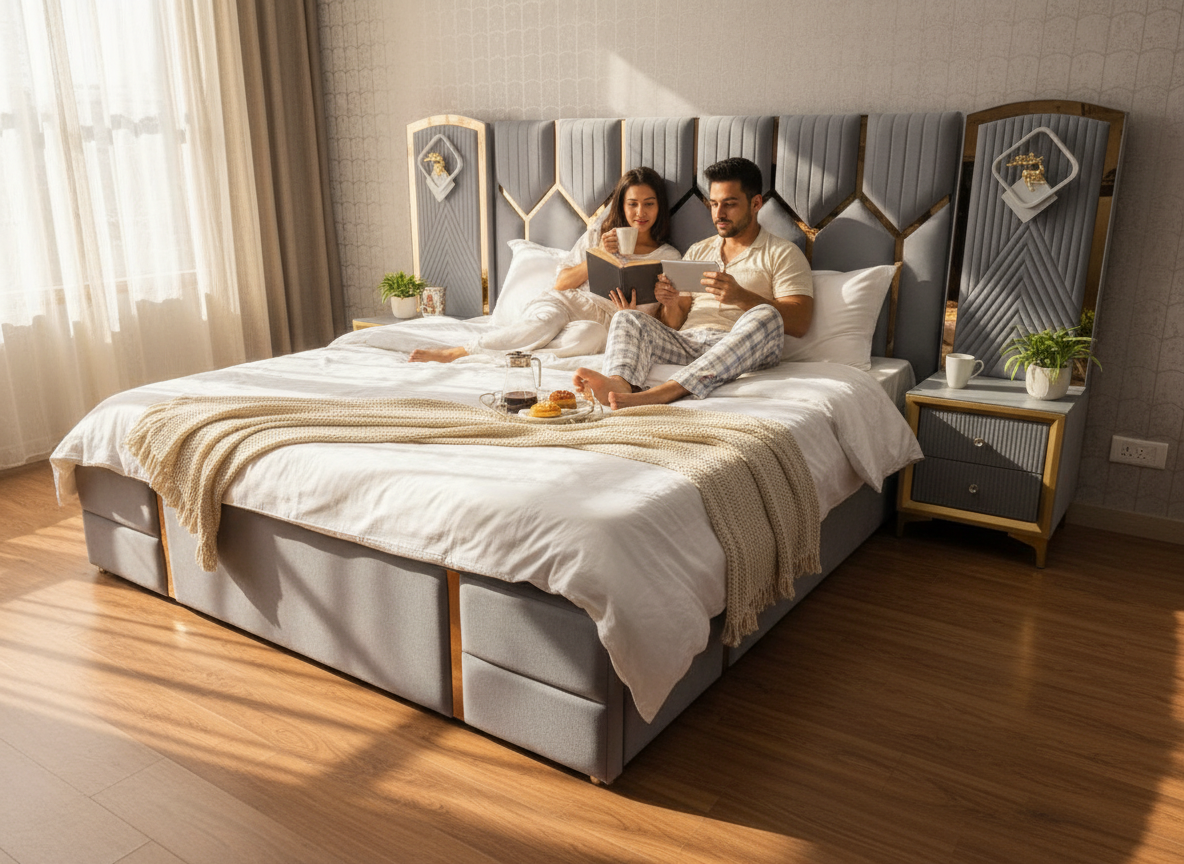 Modern Grey Upholstered Bed with Panels