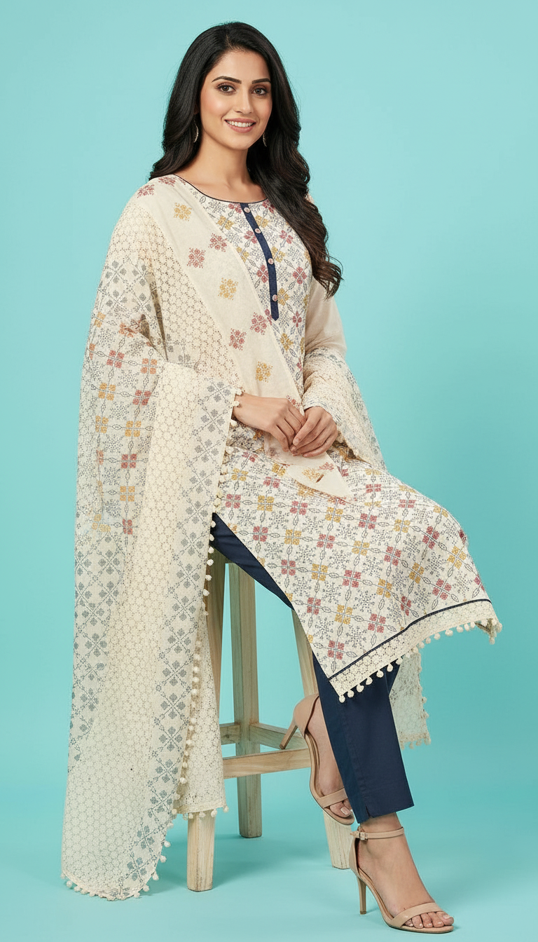 Heavy Embroidered Cotton Unstitched Suit - Cream / HC001672 view 4