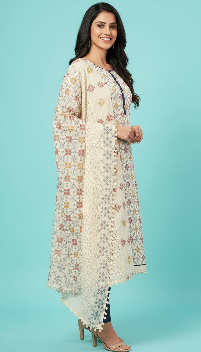 Heavy Embroidered Cotton Unstitched Suit - Cream / HC001672 view 2