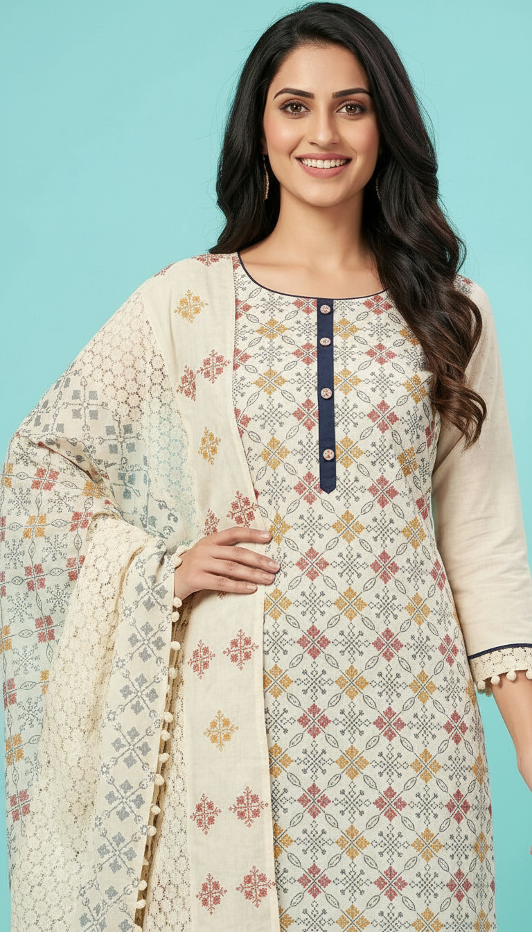 Heavy Embroidered Cotton Unstitched Suit - Cream / HC001672 view 3