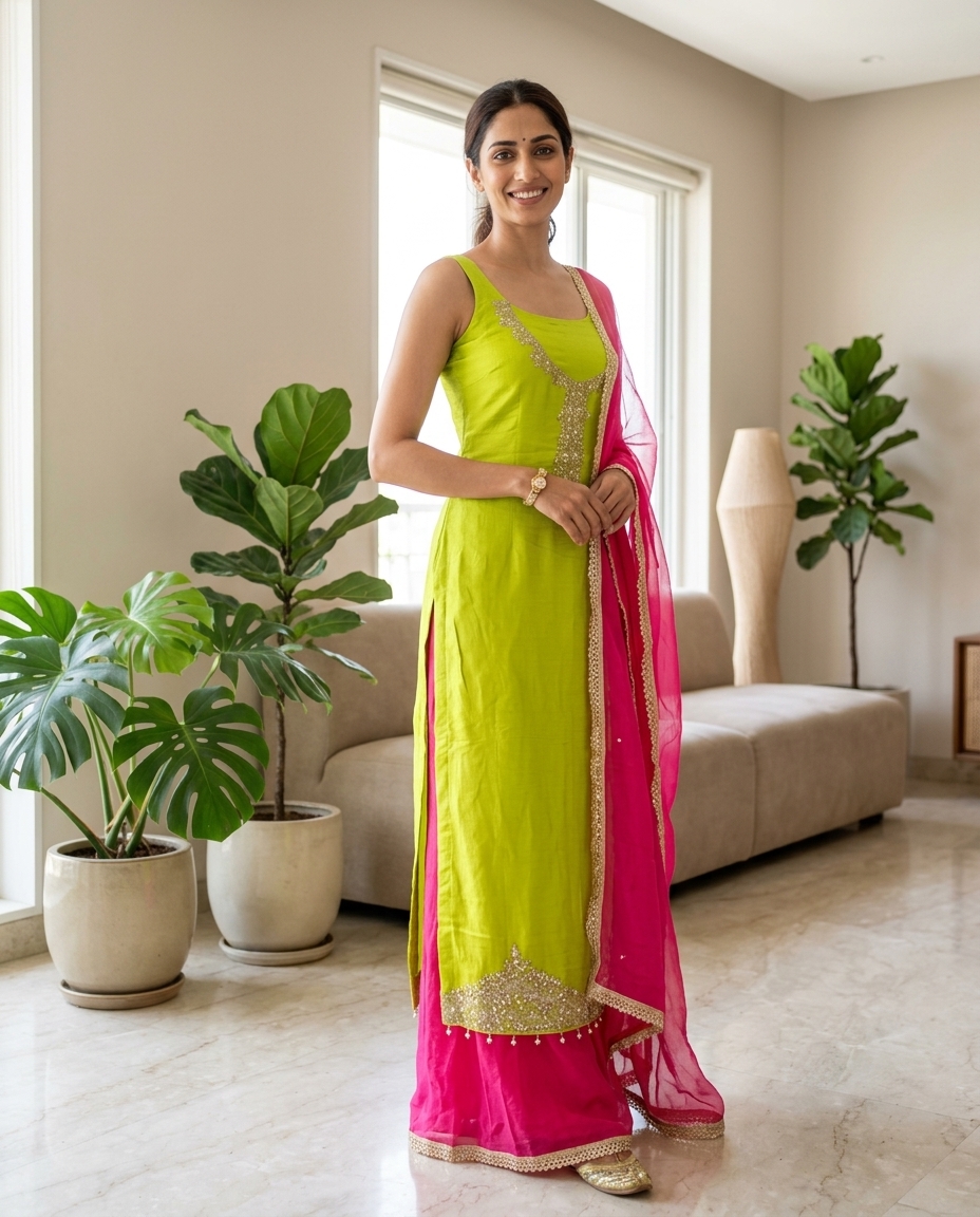 Lime and Pink Embroidered Salwar Suit view 2