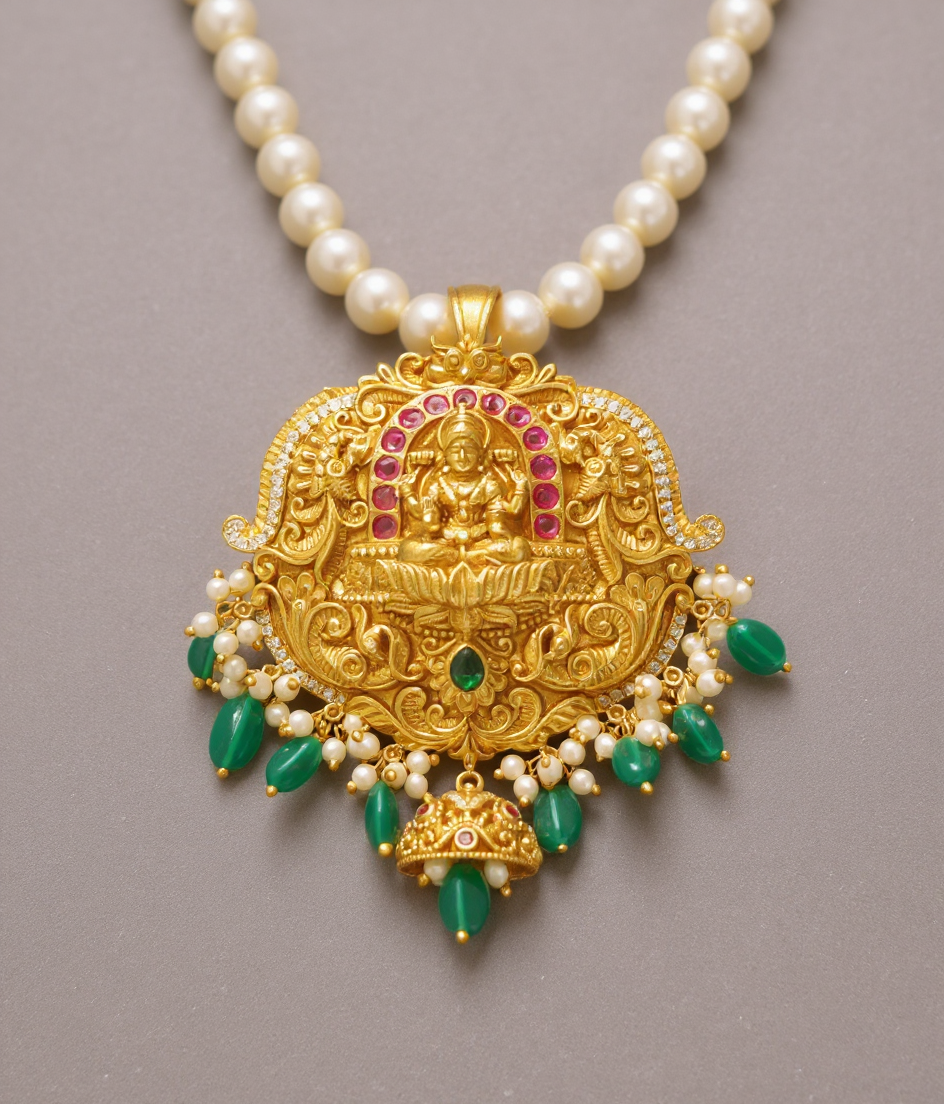 Traditional Gold Pendant with Pearls and Emeralds