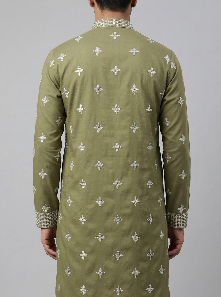 Embroidered Green Silk Kurta Pant Set view 2