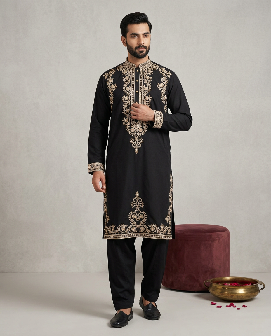 Royal Black Embroidery Kurta Pant Set