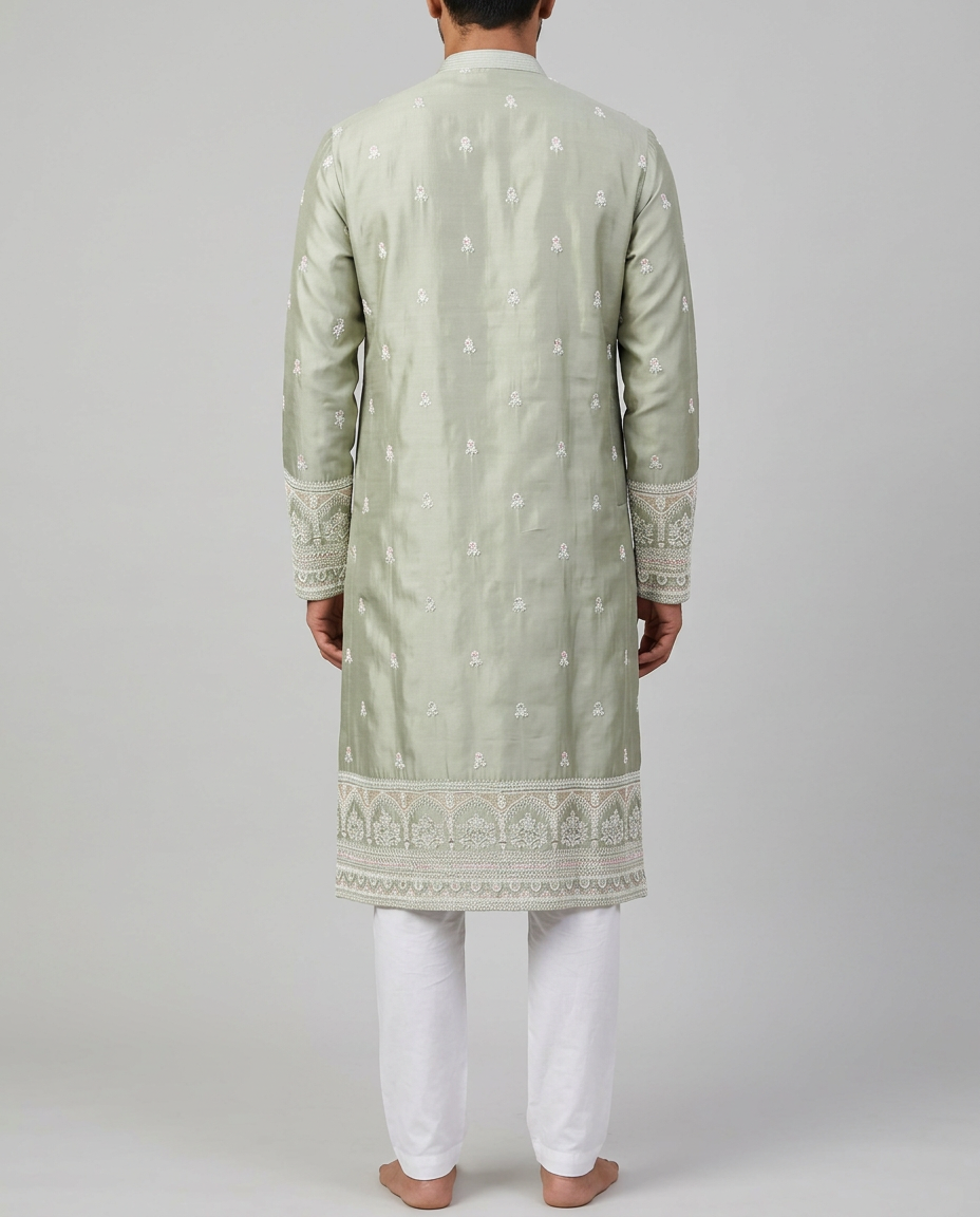 Fresh Green Silk Embroidered Kurta Pant Set view 2