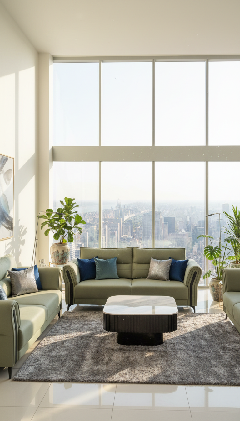 Green Sofa Set with Marble-Top Coffee Table
