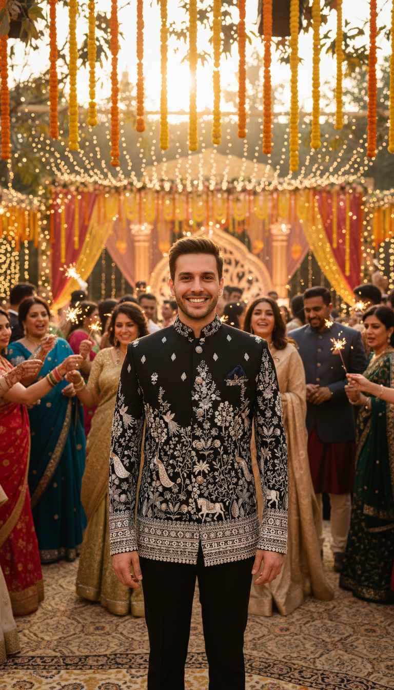 Embroidered Black Bandhgala Jacket With Black Pant view 2