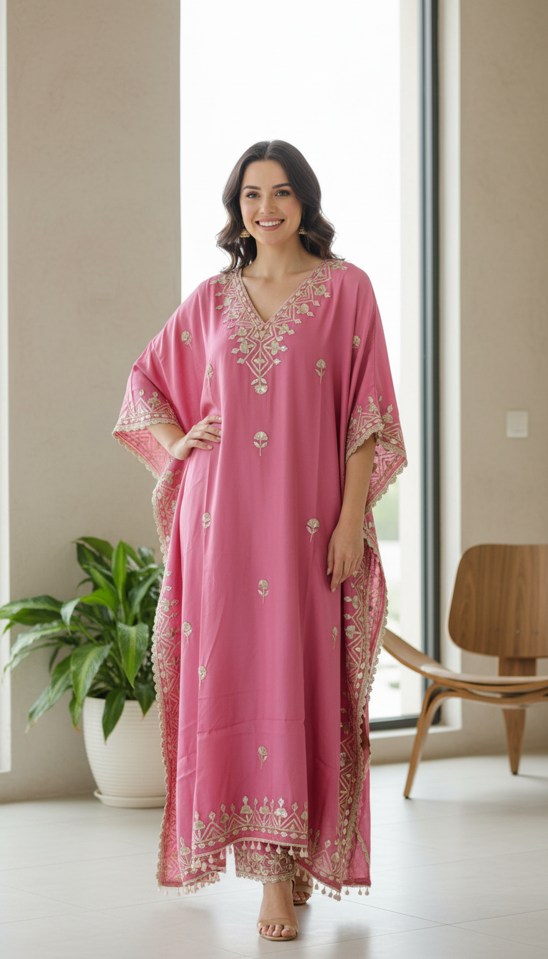 Embroidered Kaftan and Shawl Set view 2