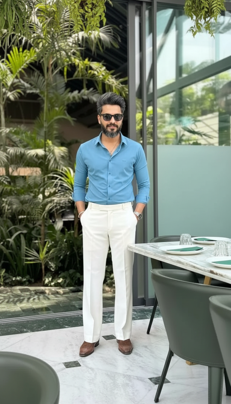 Blue Casual Shirt Off White Pant Combo