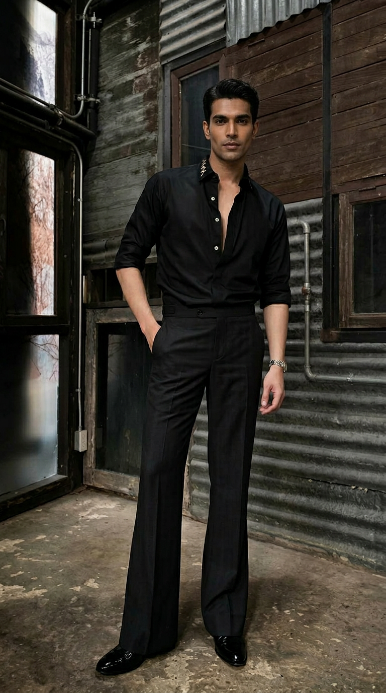 Mens Black Open-Neck Shirt and Pant Combo