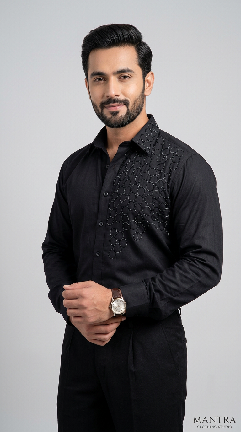 Embroidered Black By Black Shirt Pant Combo