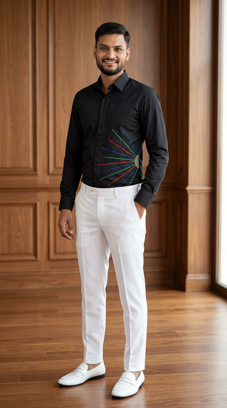 Colorful Embroidered Black Shirt and White Trousers Combo