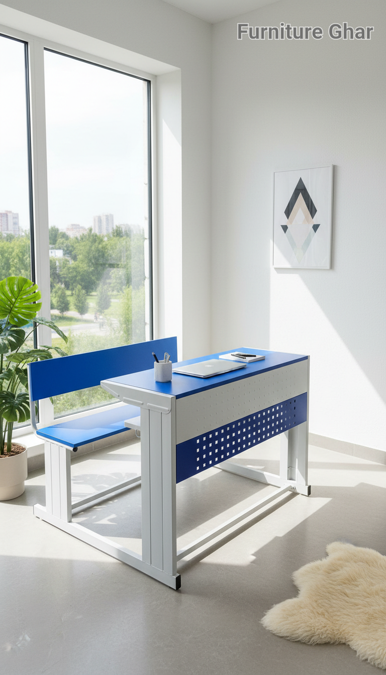 Modern Blue and White Desk-Bench Set