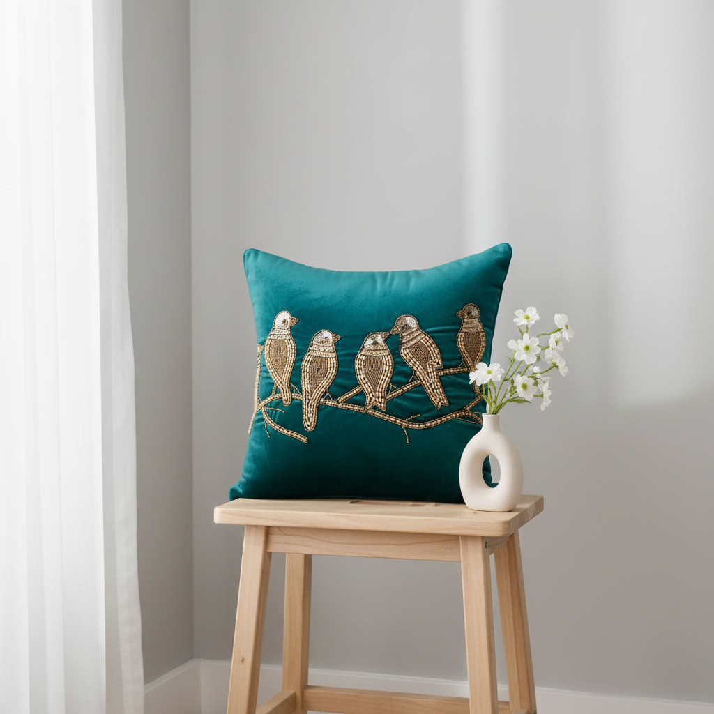 Linens Studio Velvet Embroidered Bird Cushion Cover CC-416