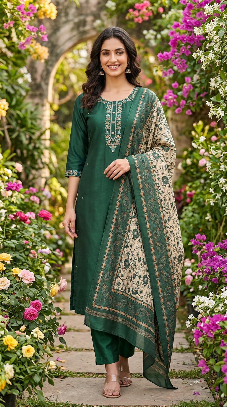 Embroidered Green Silk Salwar Suit Kashmari view 2