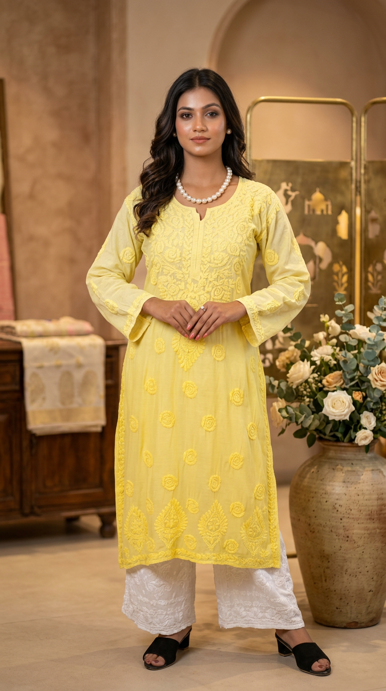 Lucknow Chikankari Hand Embroidered Yellow Kurti