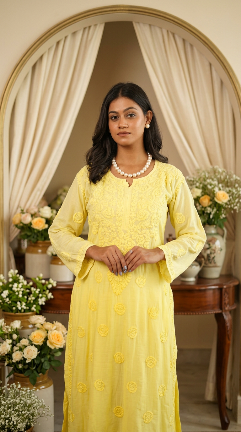 Lucknow Chikankari Hand Embroidered Yellow Kurti view 2