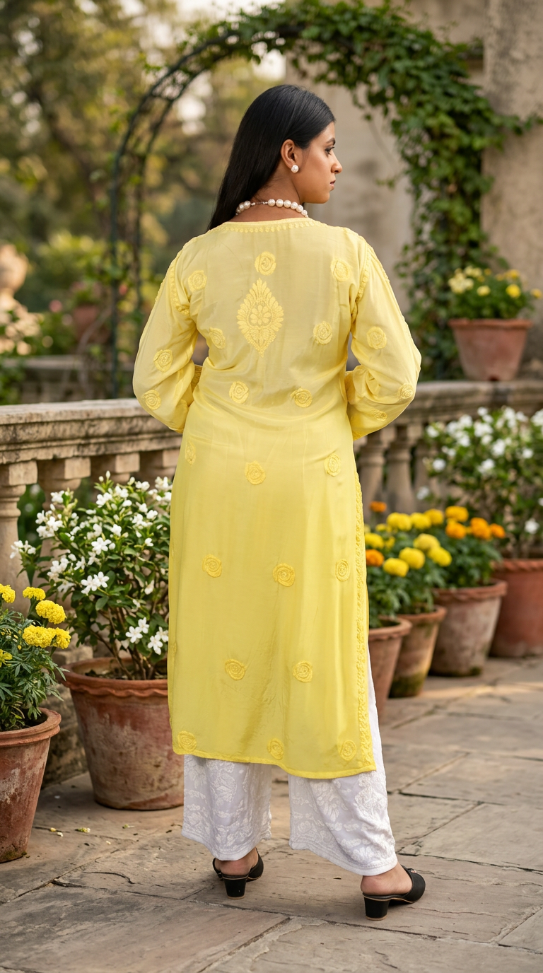 Lucknow Chikankari Hand Embroidered Yellow Kurti view 3