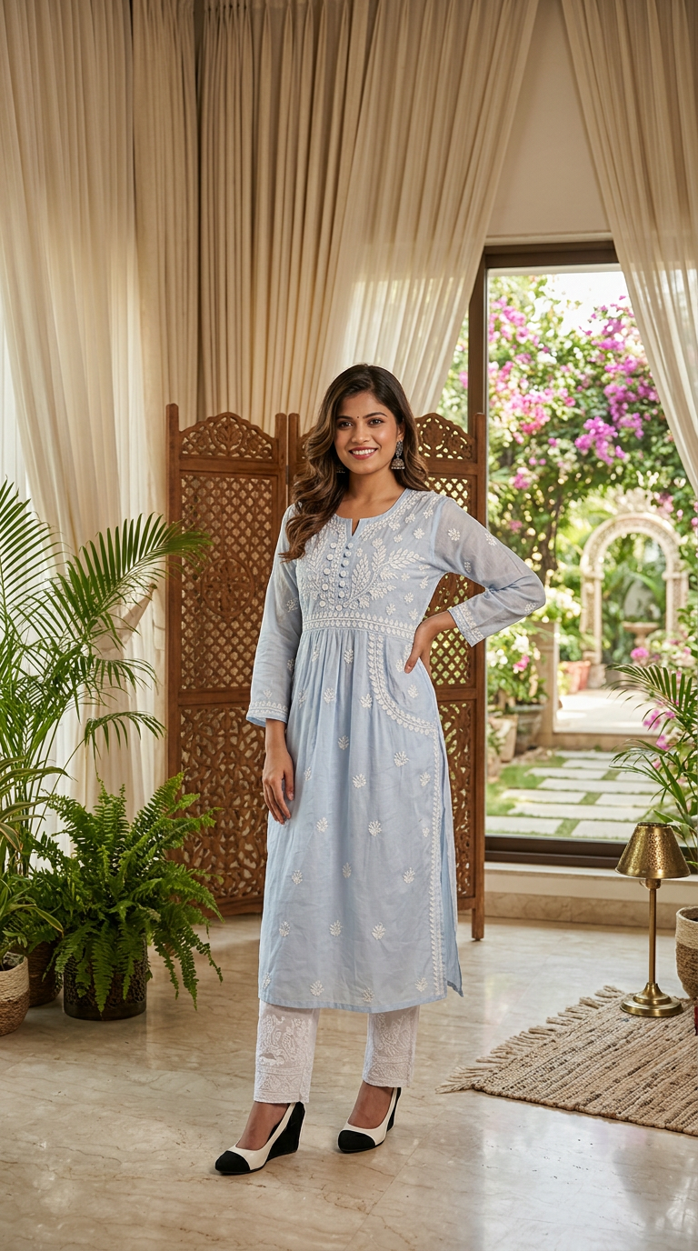 Lucknow Chikankari Hand Embroidered Light Blue Kurti