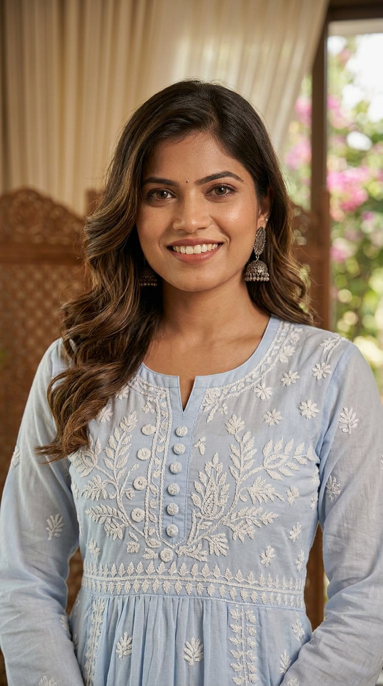 Lucknow Chikankari Hand Embroidered Light Blue Kurti view 3
