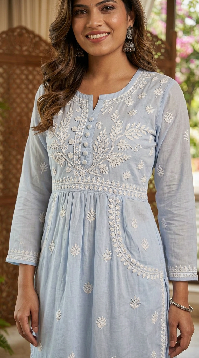Lucknow Chikankari Hand Embroidered Light Blue Kurti view 2