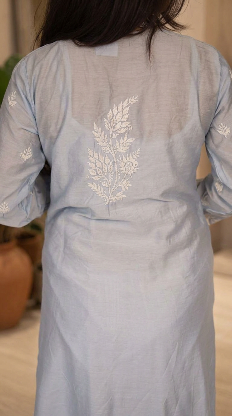 Lucknow Chikankari Hand Embroidered Light Blue Kurti view 5