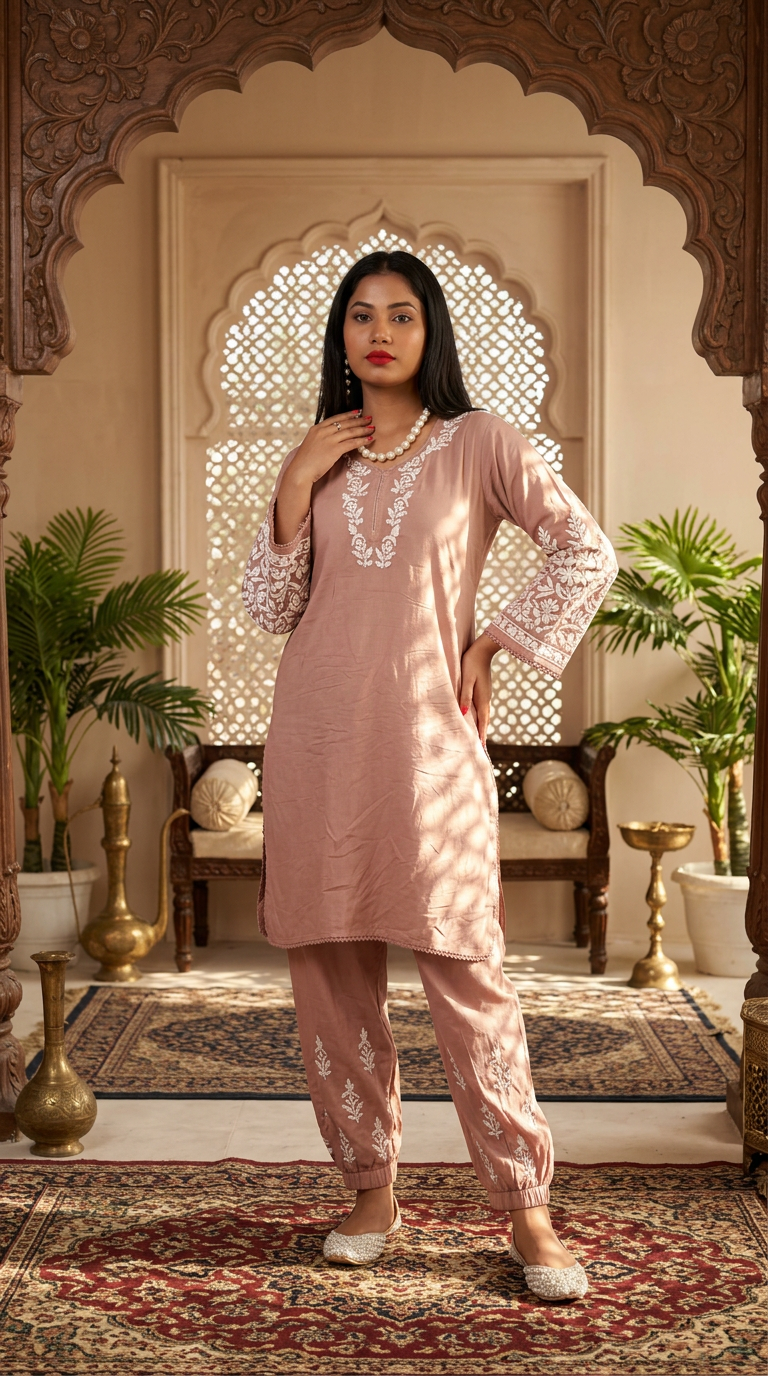 Lucknow Chikankari Hand Embroidered Set Kurti and Plazzo