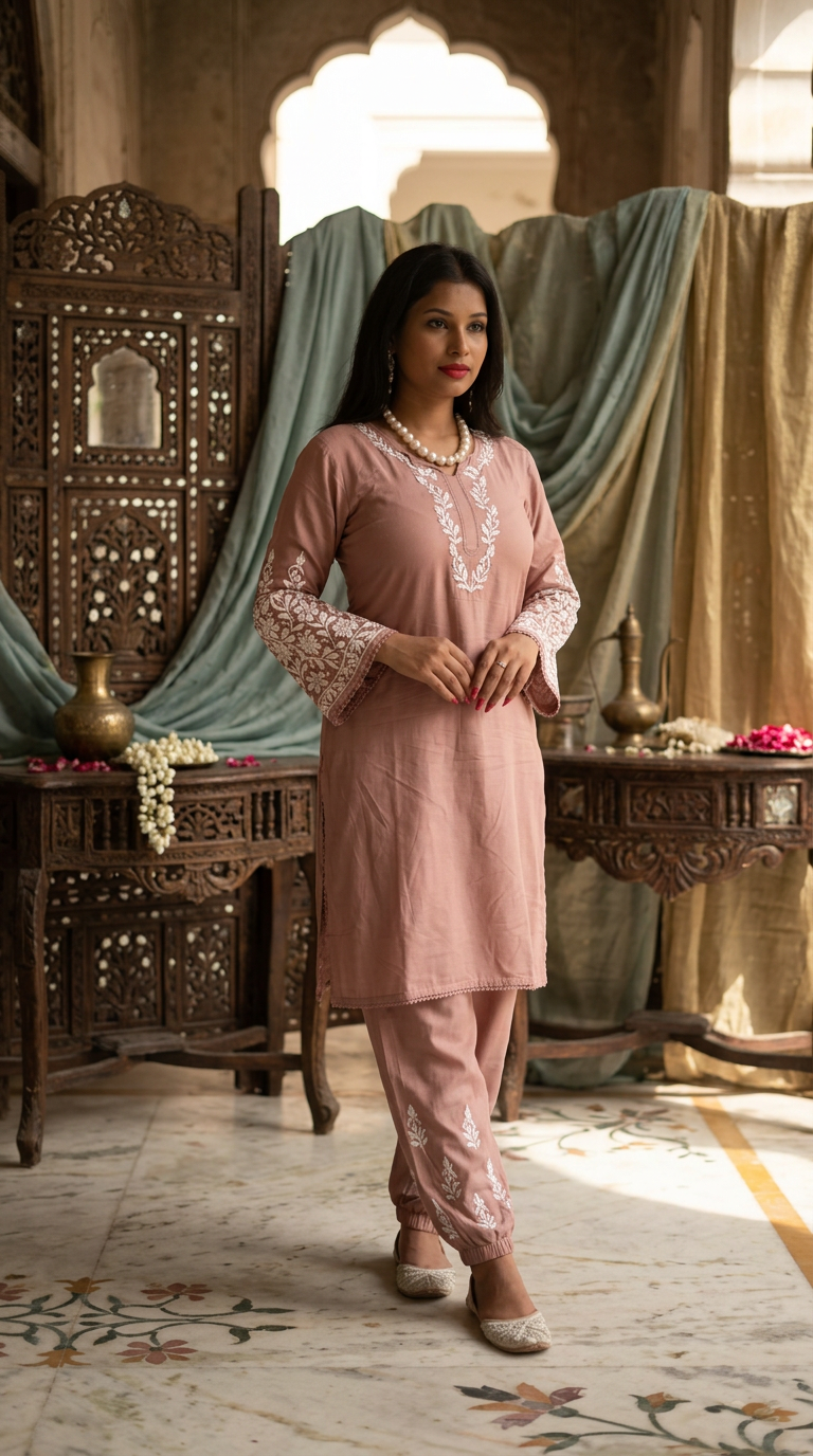 Lucknow Chikankari Hand Embroidered Set Kurti and Plazzo view 2
