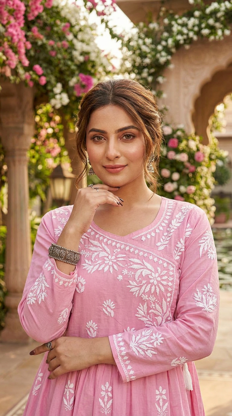Lucknow Chikankari Hand Embroidered Pink Short Top Angarkha Style view 2
