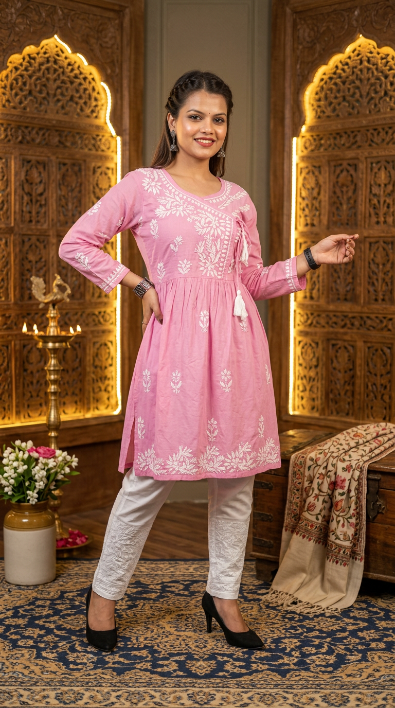 Lucknow Chikankari Hand Embroidered Pink Short Top Angarkha Style view 3
