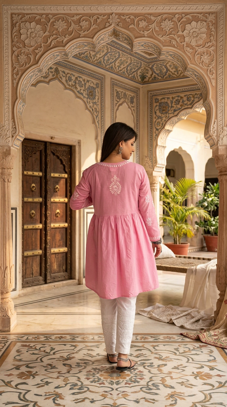 Lucknow Chikankari Hand Embroidered Pink Short Top Angarkha Style view 4