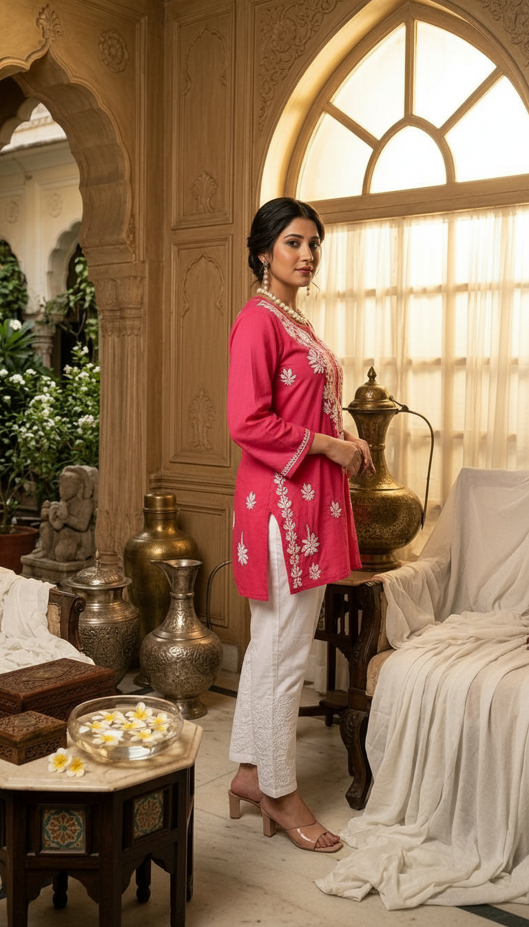 Chikankari Hand Embroidered Muslin Short Kurti view 2