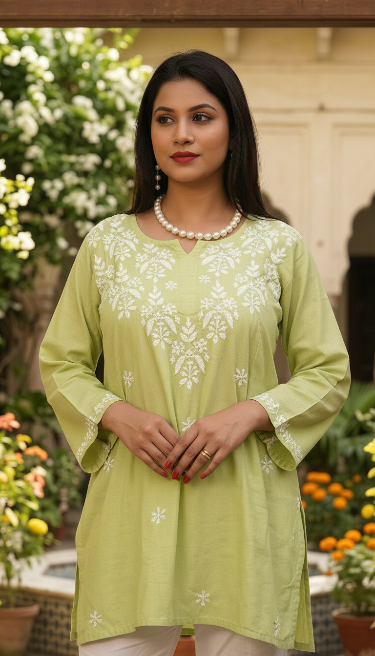 Chikankari Hand Embroidered Muslin Short Top view 2