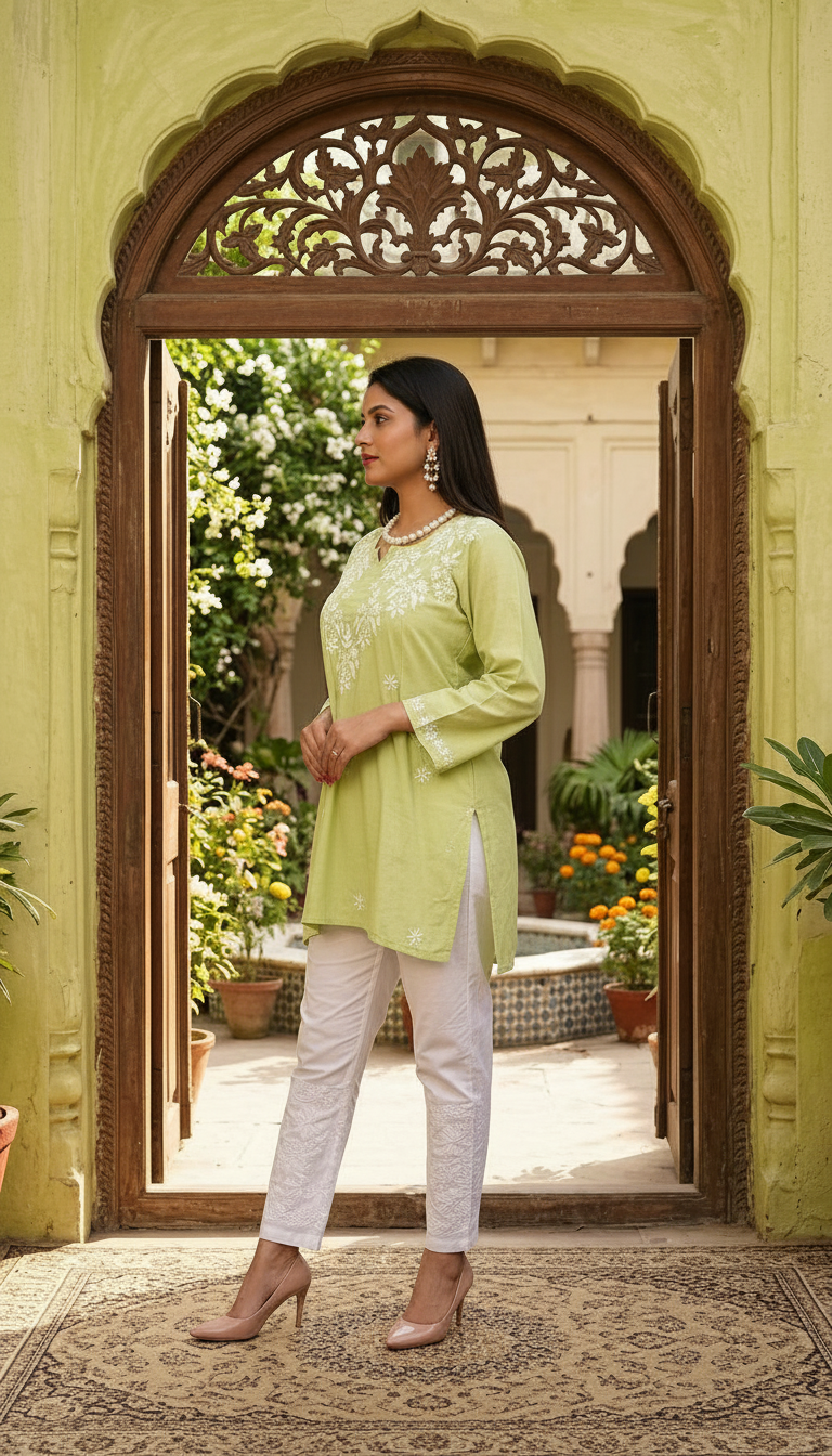 Chikankari Hand Embroidered Muslin Short Top view 3