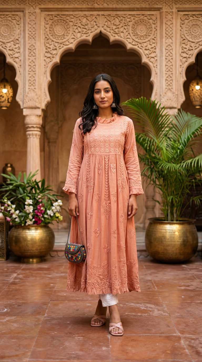 Chikankari Hand Embroidered Muslin A Line Kurti