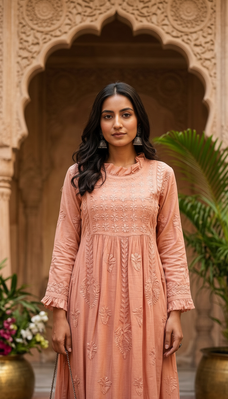 Chikankari Hand Embroidered Muslin A Line Kurti view 2