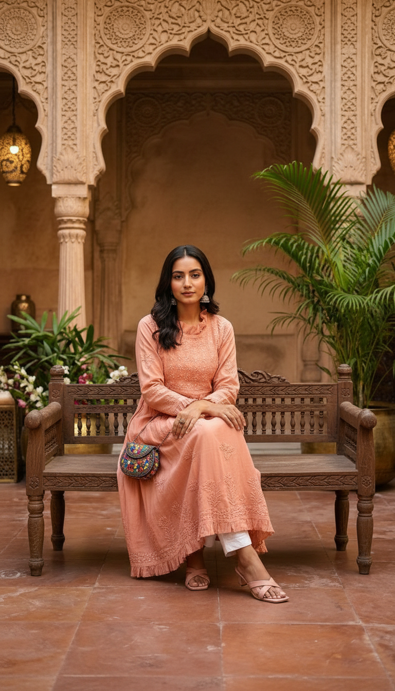 Chikankari Hand Embroidered Muslin A Line Kurti view 4