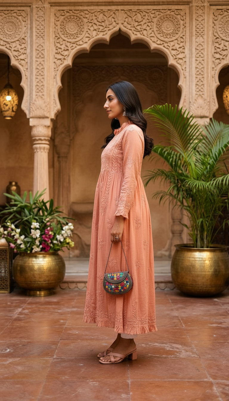 Chikankari Hand Embroidered Muslin A Line Kurti view 3