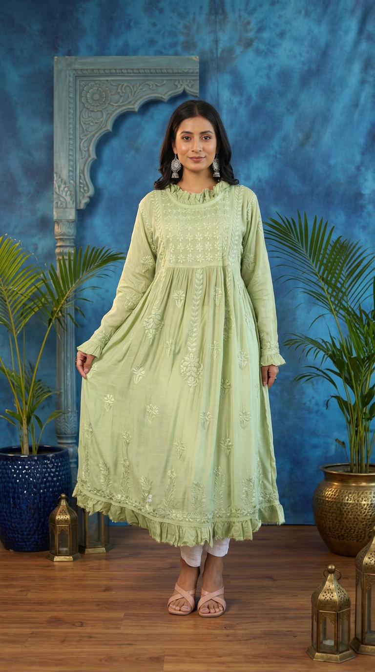 Chikankari Hand Embroidered Muslin A Line Kurti With Ghaas Patti Work