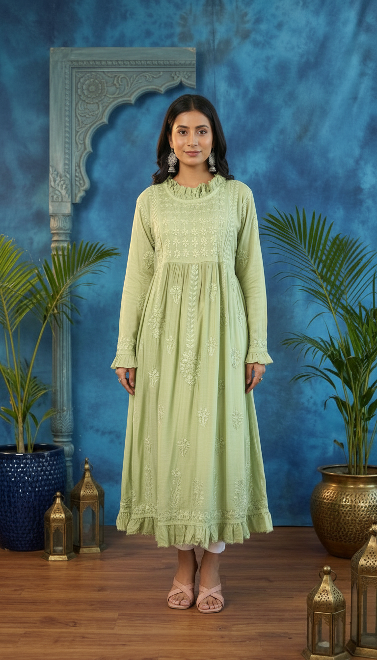 Chikankari Hand Embroidered Muslin A Line Kurti With Ghaas Patti Work view 5
