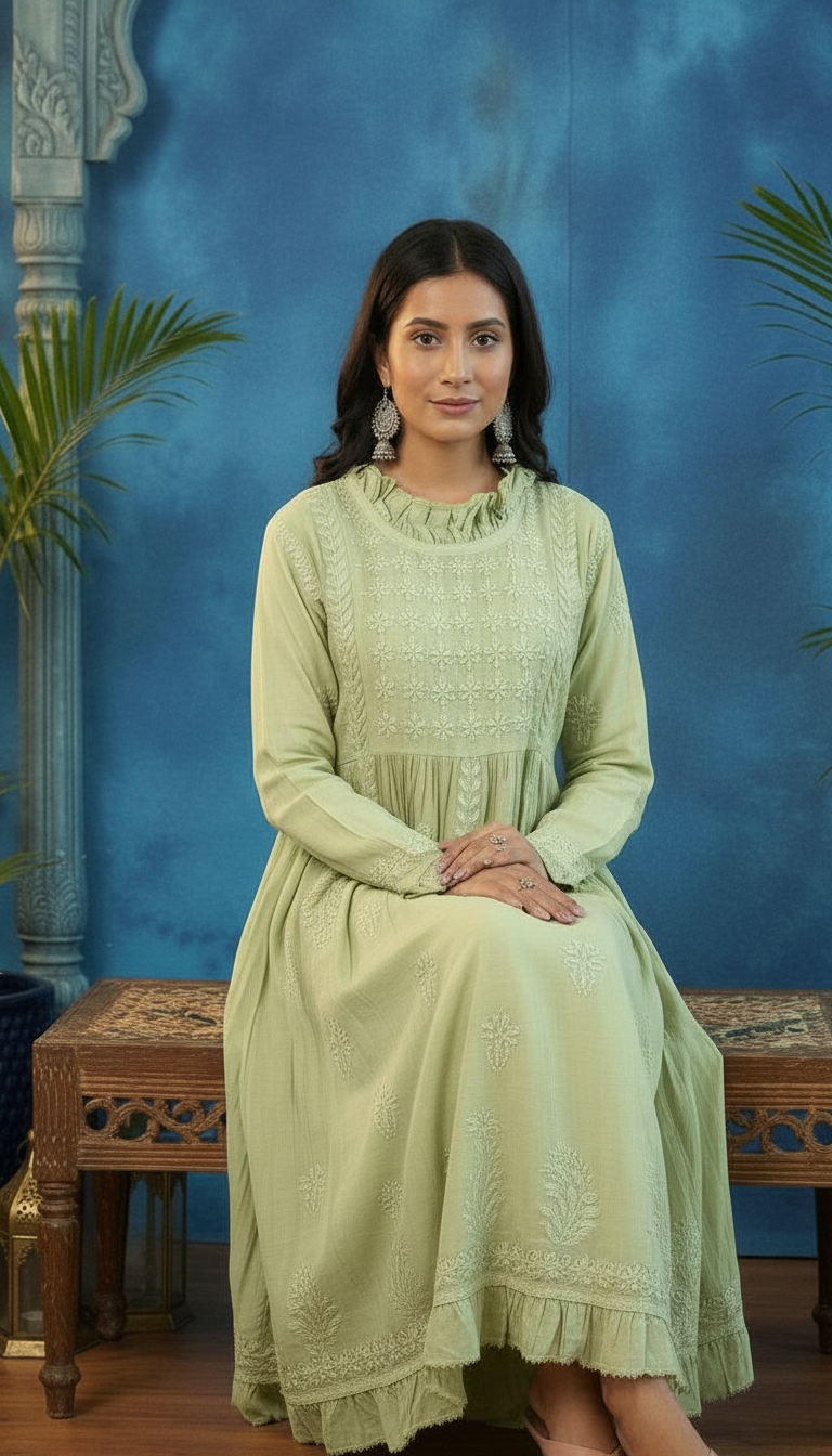 Chikankari Hand Embroidered Muslin A Line Kurti With Ghaas Patti Work view 6