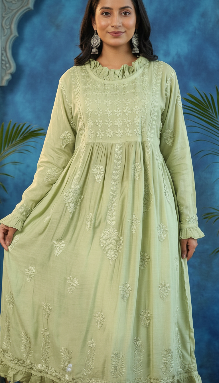 Chikankari Hand Embroidered Muslin A Line Kurti With Ghaas Patti Work view 2