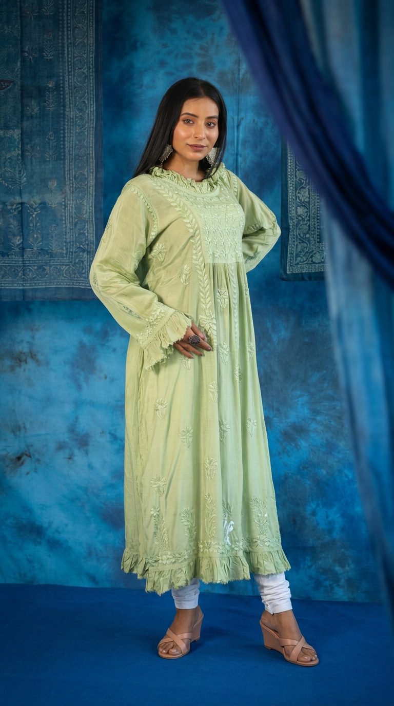 Chikankari Hand Embroidered Muslin A Line Kurti With Ghaas Patti Work view 3